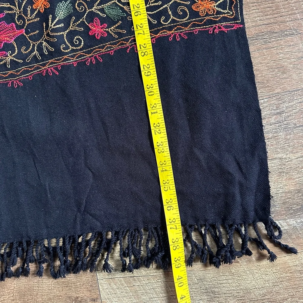 Vintage Style Hand Embroidered Scarf Black Pink Orange Floral Fringe